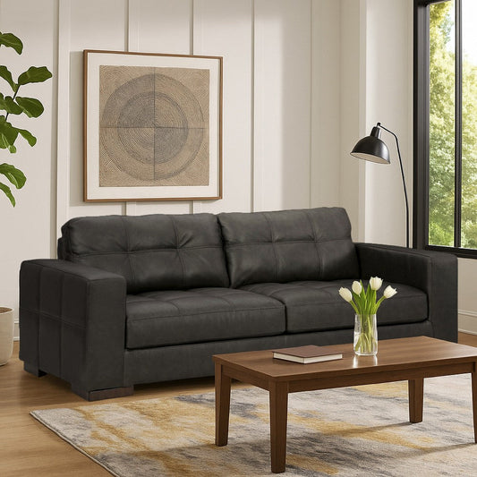 Ashley Lenie Sofa, Block Stitched Dark Gray Real and Faux Leather 96 Inch