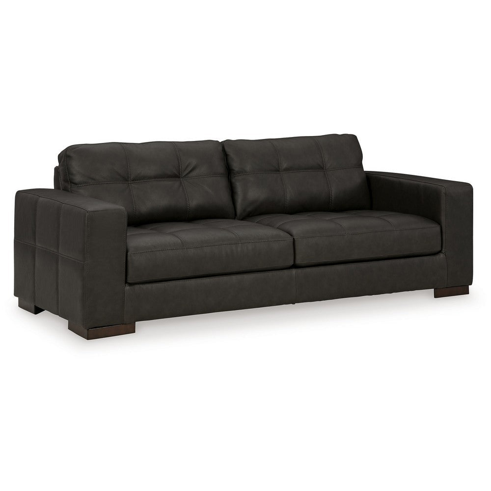 Ashley Lenie Sofa, Block Stitched Dark Gray Real and Faux Leather 96 Inch