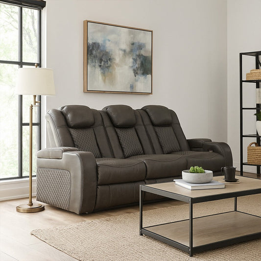 Ashley Fynne LED Power Reclining Sofa, USB Charger, Gray Faux Leather 85 Inch