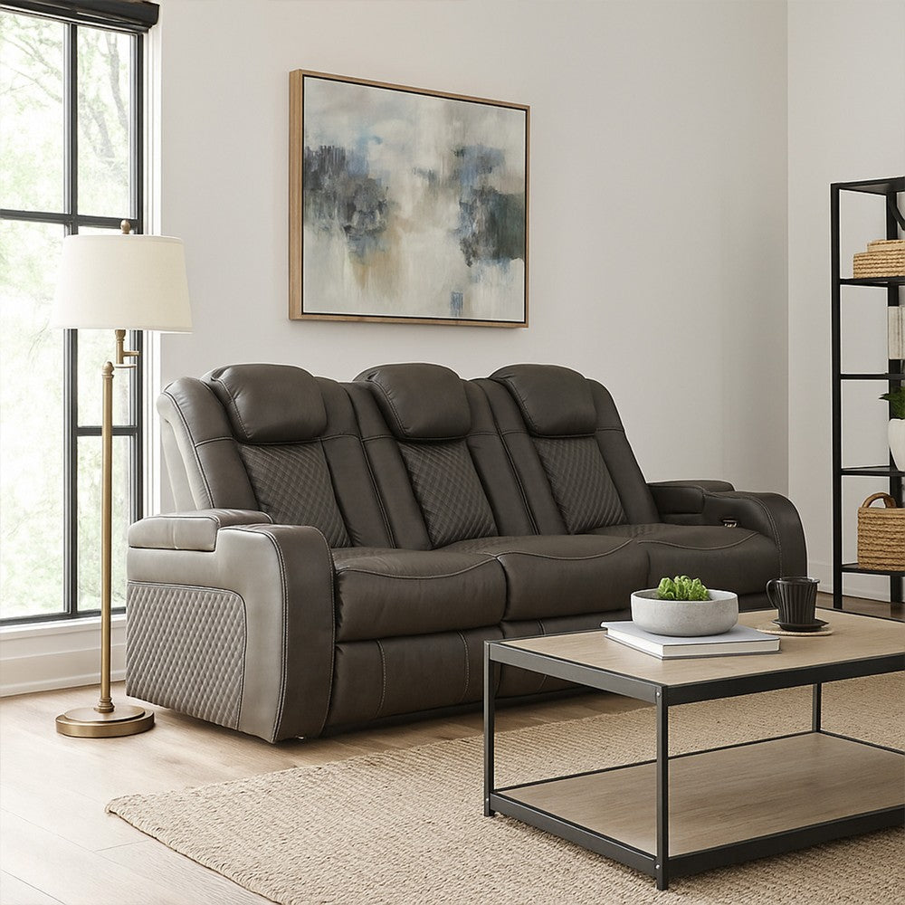 Ashley Fynne LED Power Reclining Sofa, USB Charger, Gray Faux Leather 85 Inch