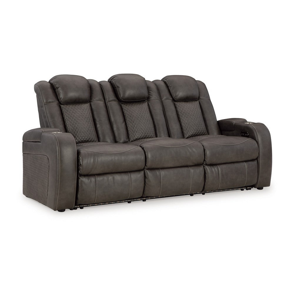 Ashley Fynne LED Power Reclining Sofa, USB Charger, Gray Faux Leather 85 Inch