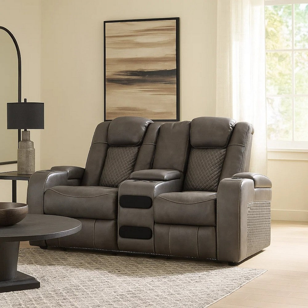 Ashley Fynne LED Power Reclining Loveseat, USB, Gray Faux Leather 74 Inch