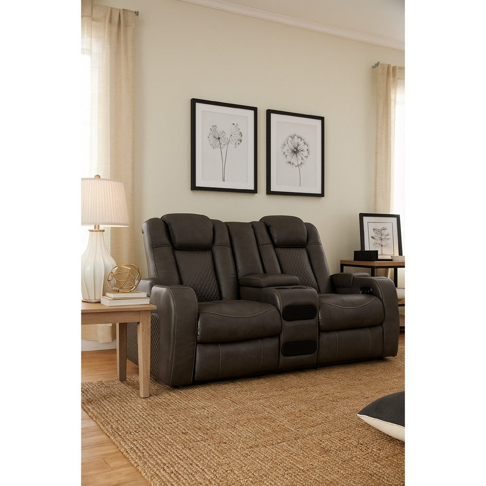Ashley Fynne LED Power Reclining Loveseat, USB, Gray Faux Leather 74 Inch