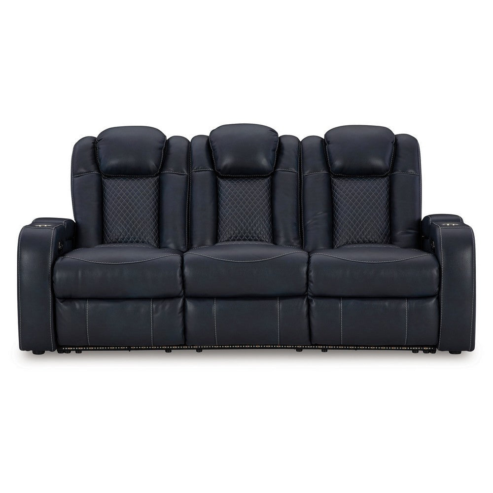 Ashley Fynne Power Reclining Sofa LEDs Sapphire Blue Faux Leather 85 Inch BM331820