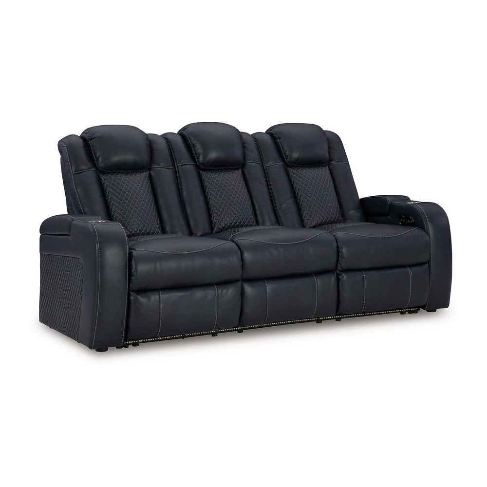 Ashley Fynne Power Reclining Sofa, LEDs, Sapphire Blue Faux Leather 85 Inch