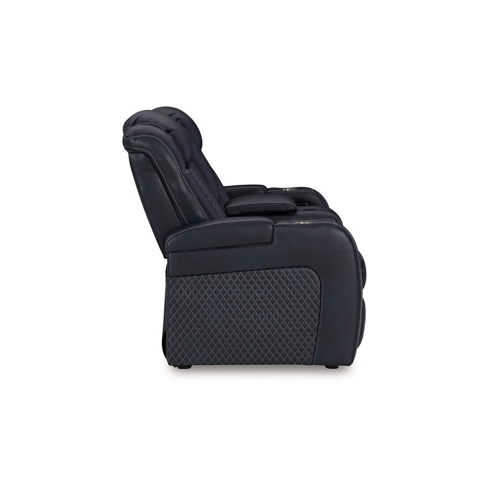 Ashley Fynne LED Power Reclining Loveseat Sapphire Blue Faux Leather 74 Inch BM331821