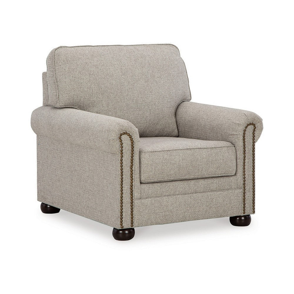 Ashley Gael Accent Armchair, Gray Beige Polyester, Dark Brown, Nailhead Trim