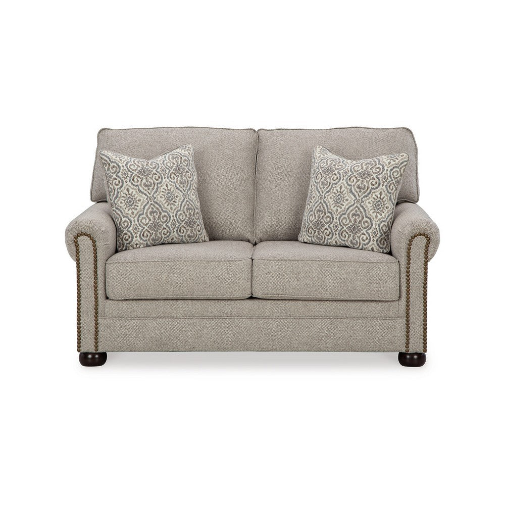 Ashley Gael Loveseat, Gray Beige Polyester, Dark Brown Nailhead Trim 64 Inch