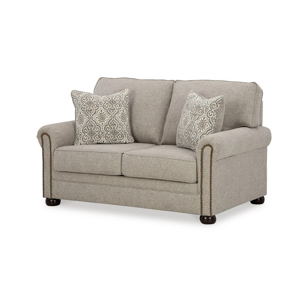 Ashley Gael Loveseat, Gray Beige Polyester, Dark Brown Nailhead Trim 64 Inch