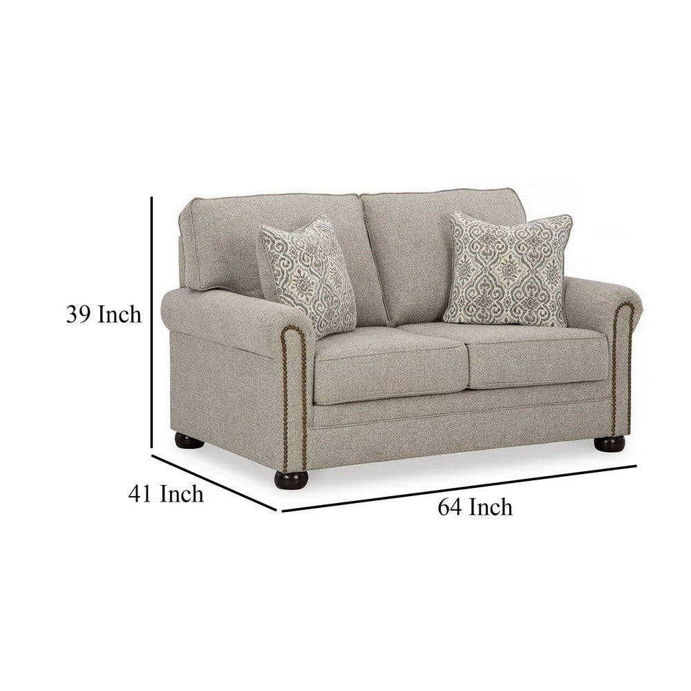 Ashley Gael Loveseat, Gray Beige Polyester, Dark Brown Nailhead Trim 64 Inch