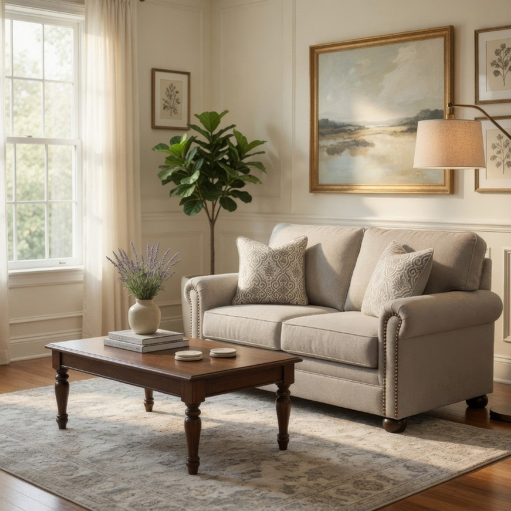 Ashley Gael Loveseat, Gray Beige Polyester, Dark Brown Nailhead Trim 64 Inch