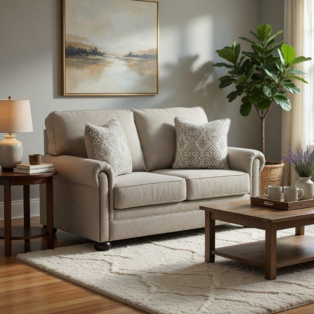 Ashley Gael Loveseat, Gray Beige Polyester, Dark Brown Nailhead Trim 64 Inch
