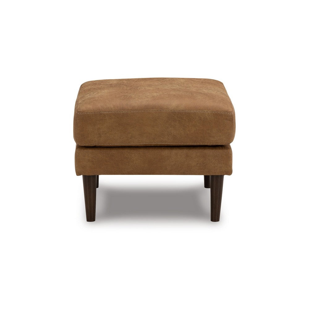 Ashley Tely Ottoman, Caramel Brown Faux Leather, Tapered Black Legs, 30 Inch