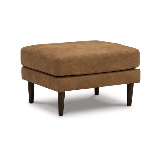 Ashley Tely Ottoman, Caramel Brown Faux Leather, Tapered Black Legs, 30 Inch
