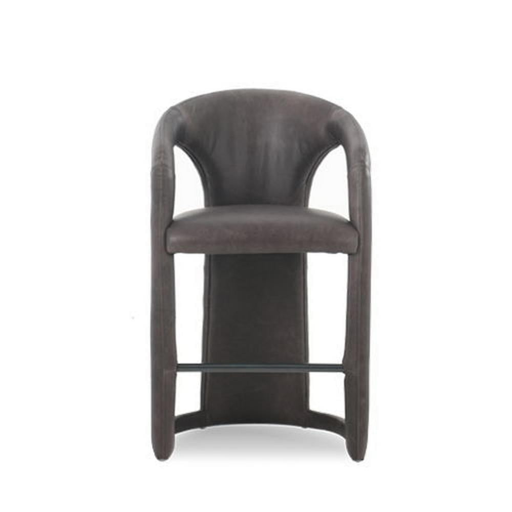 Chie Counter Stool Chair, Curved Back, Gray Leather, Stainless Steel