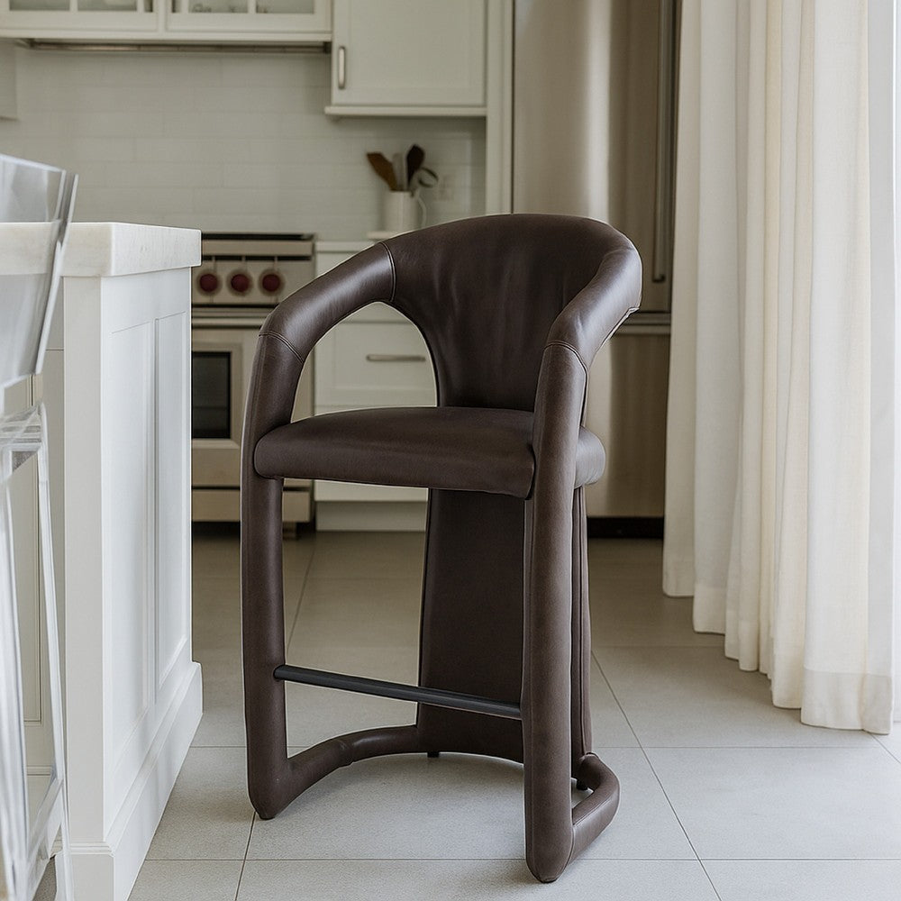 Chie Counter Stool Chair, Curved Back, Gray Leather, Stainless Steel