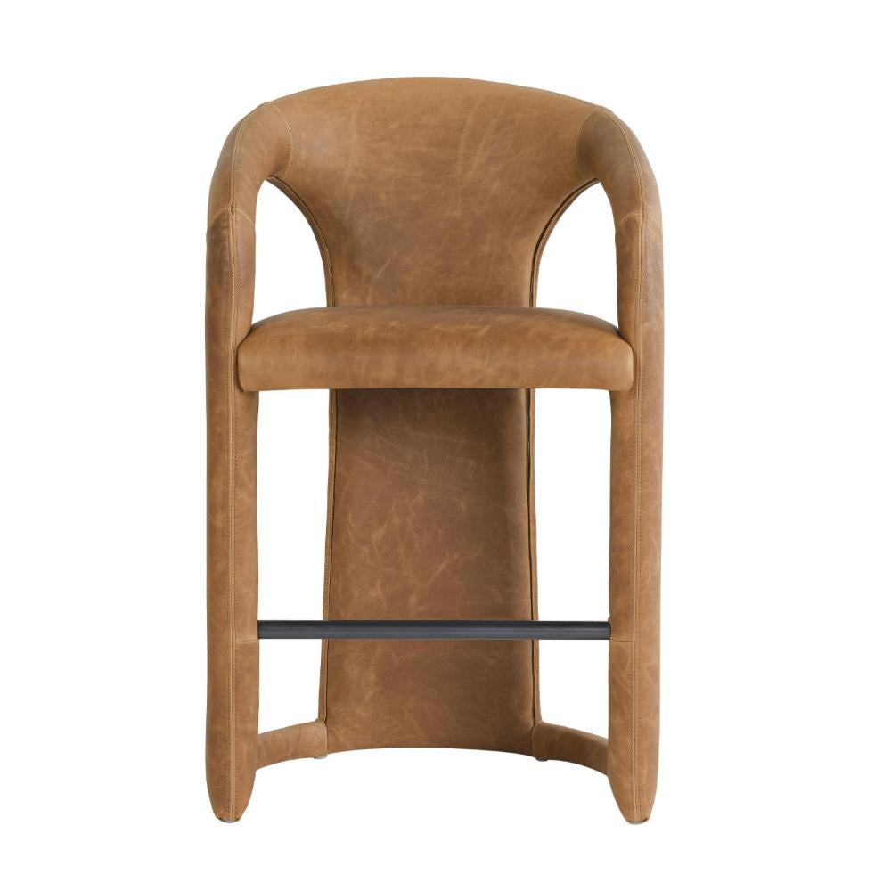 Chie Counter Stool Chair Curved Back Brown Leather Stainless Steel