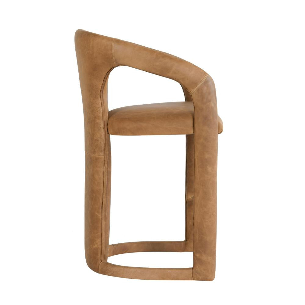 Chie Counter Stool Chair Curved Back Brown Leather Stainless Steel