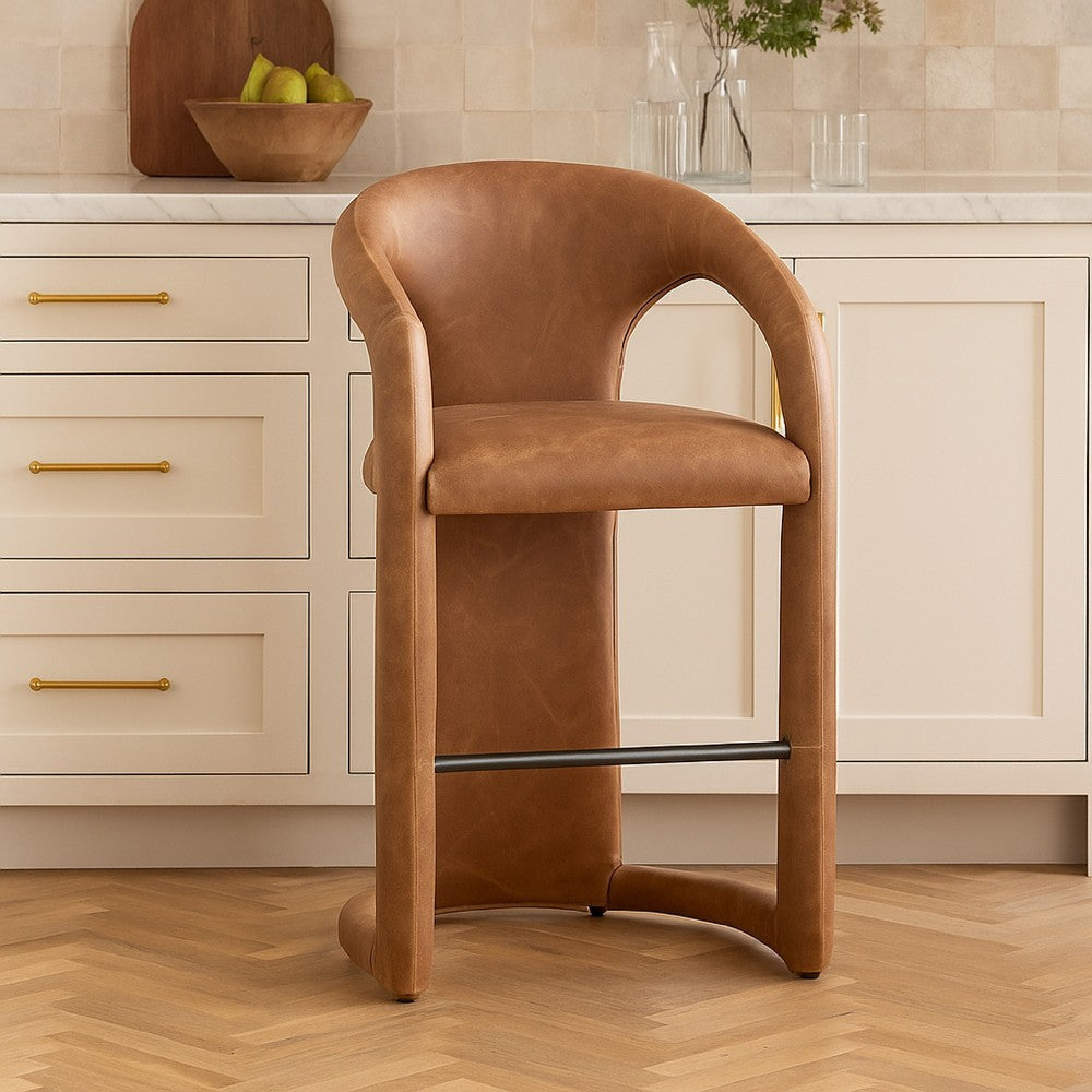 Chie Counter Stool Chair, Curved Back, Brown Leather, Stainless Steel