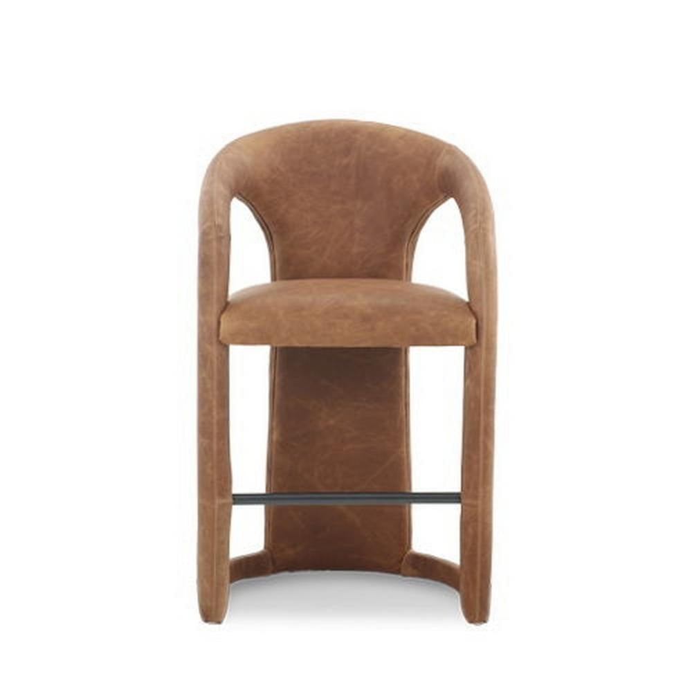 Chie Counter Stool Chair, Curved Back, Brown Leather, Stainless Steel