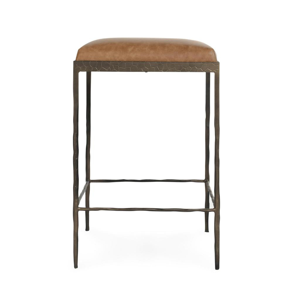 Ocea Counter Stool with Chestnut Brown Leather Seat Textured Iron