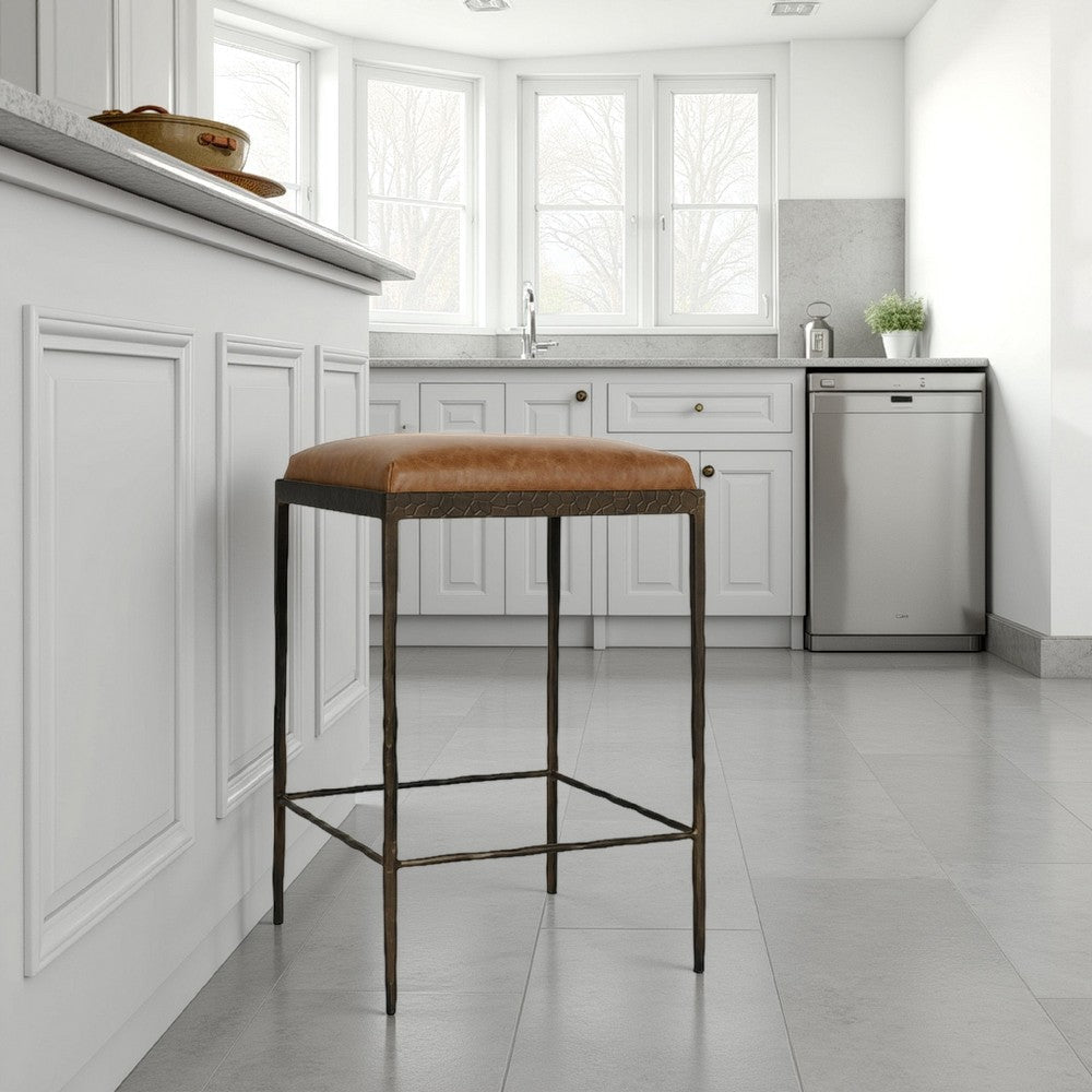 Ocea Counter Stool with Chestnut Brown Leather Seat, Textured Iron