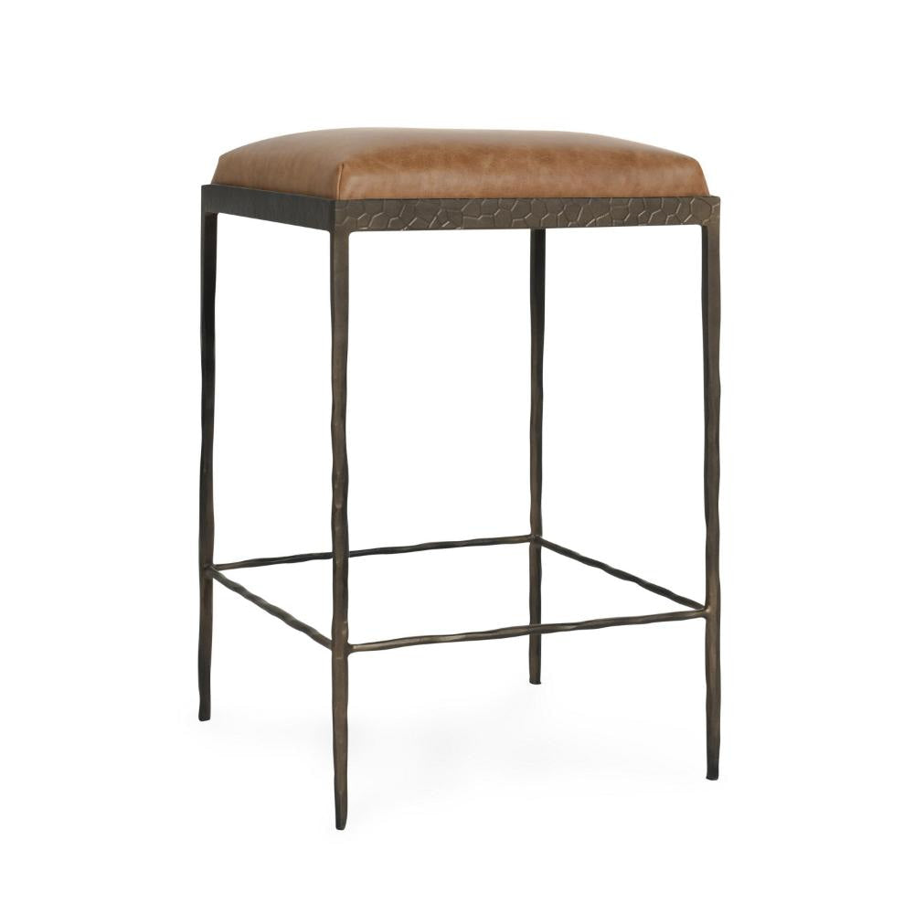 Ocea Counter Stool with Chestnut Brown Leather Seat, Textured Iron