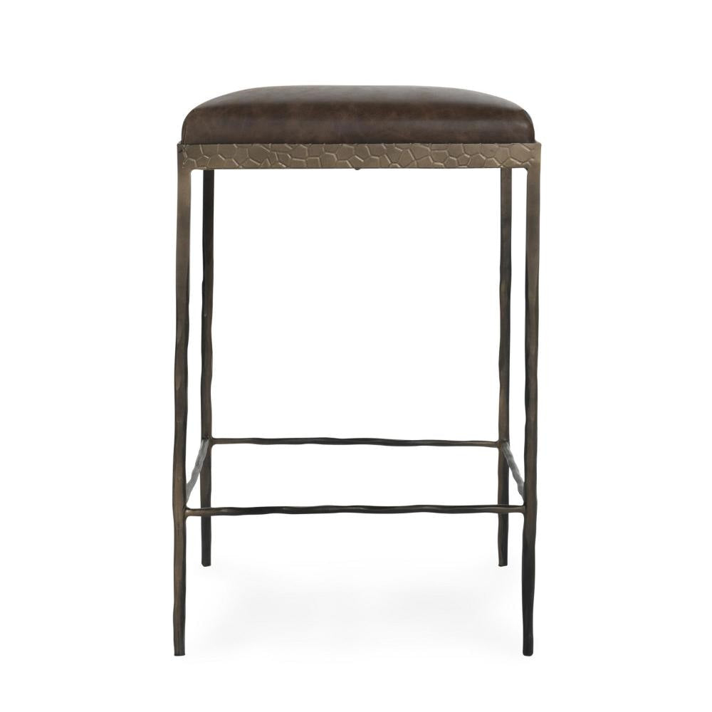 Ocea Counter Stool with Cocoa Brown Leather Seat Textured Iron Legs