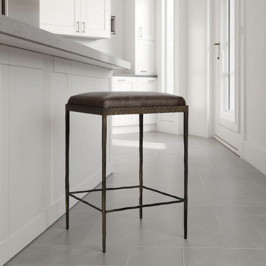 Ocea Counter Stool with Cocoa Brown Leather Seat Textured Iron Legs