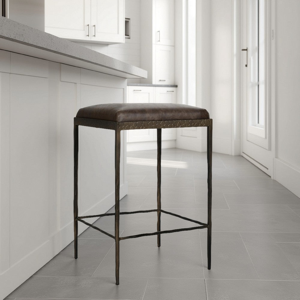 Ocea Counter Stool with Cocoa Brown Leather Seat, Textured Iron Legs