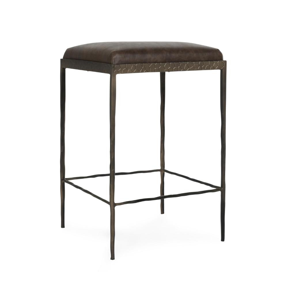 Ocea Counter Stool with Cocoa Brown Leather Seat, Textured Iron Legs