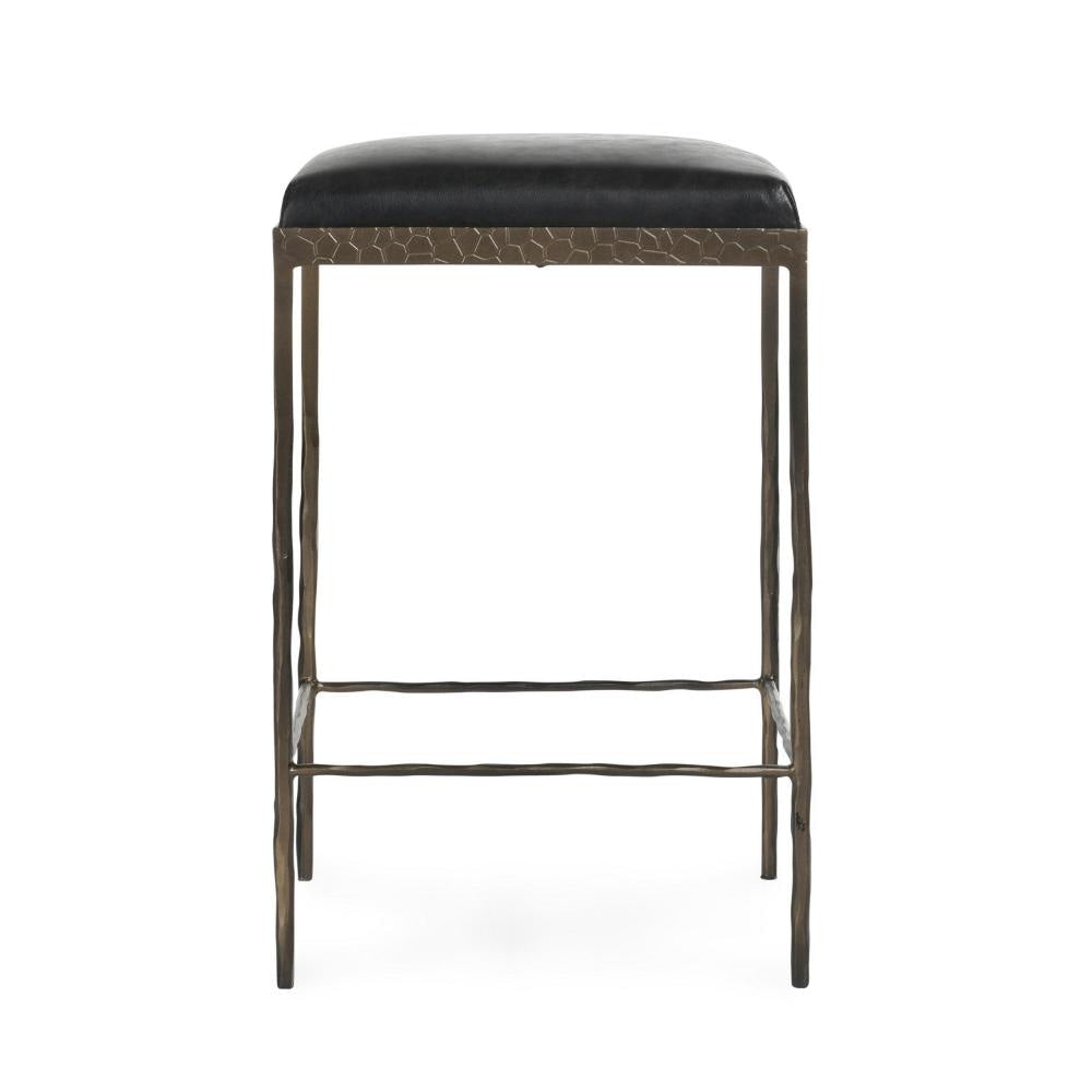 Ocea Counter Stool with Black Leather Seat Embossed Textured Iron