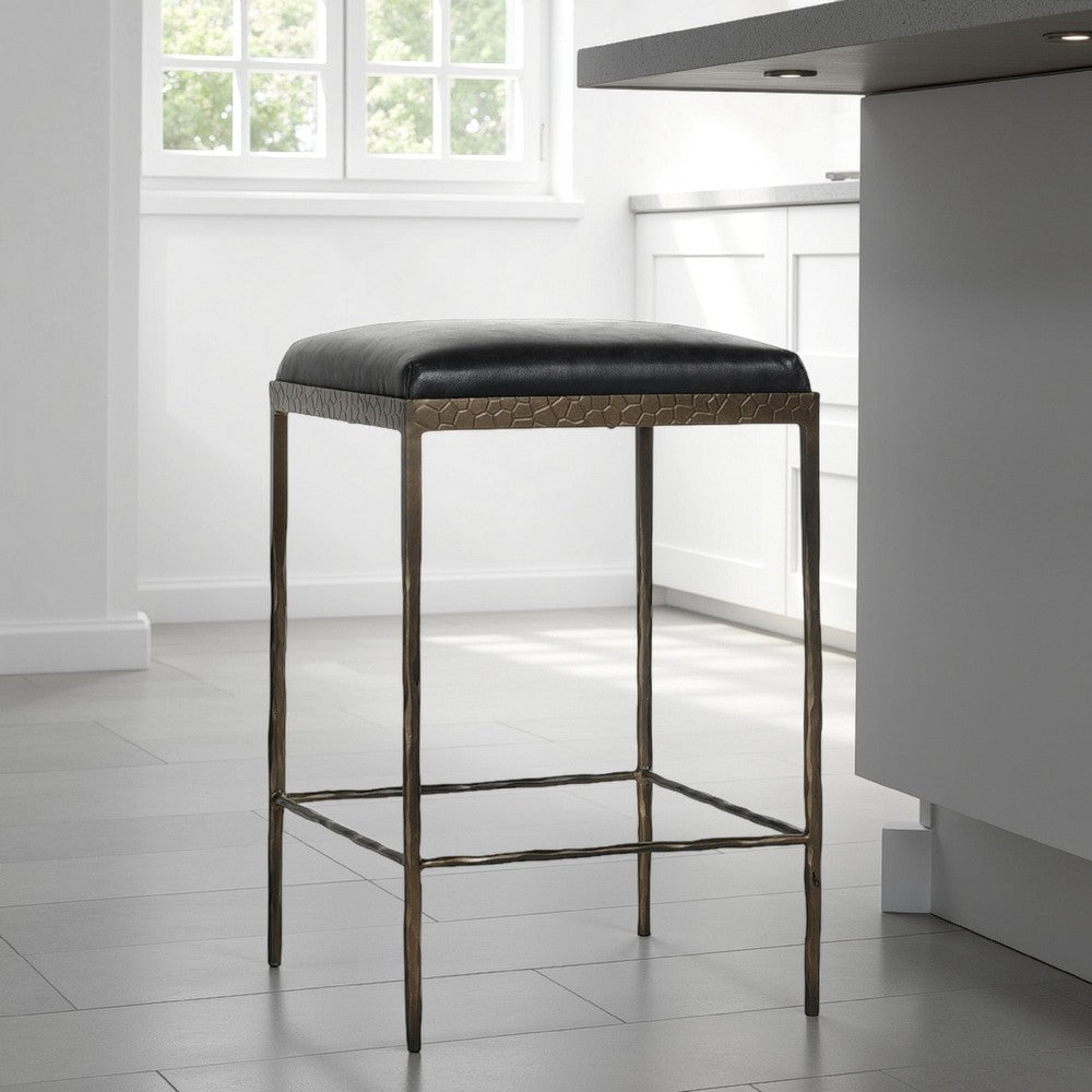 Ocea Counter Stool with Black Leather Seat, Embossed Textured Iron