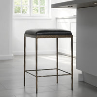 Ocea Counter Stool with Black Leather Seat, Embossed Textured Iron