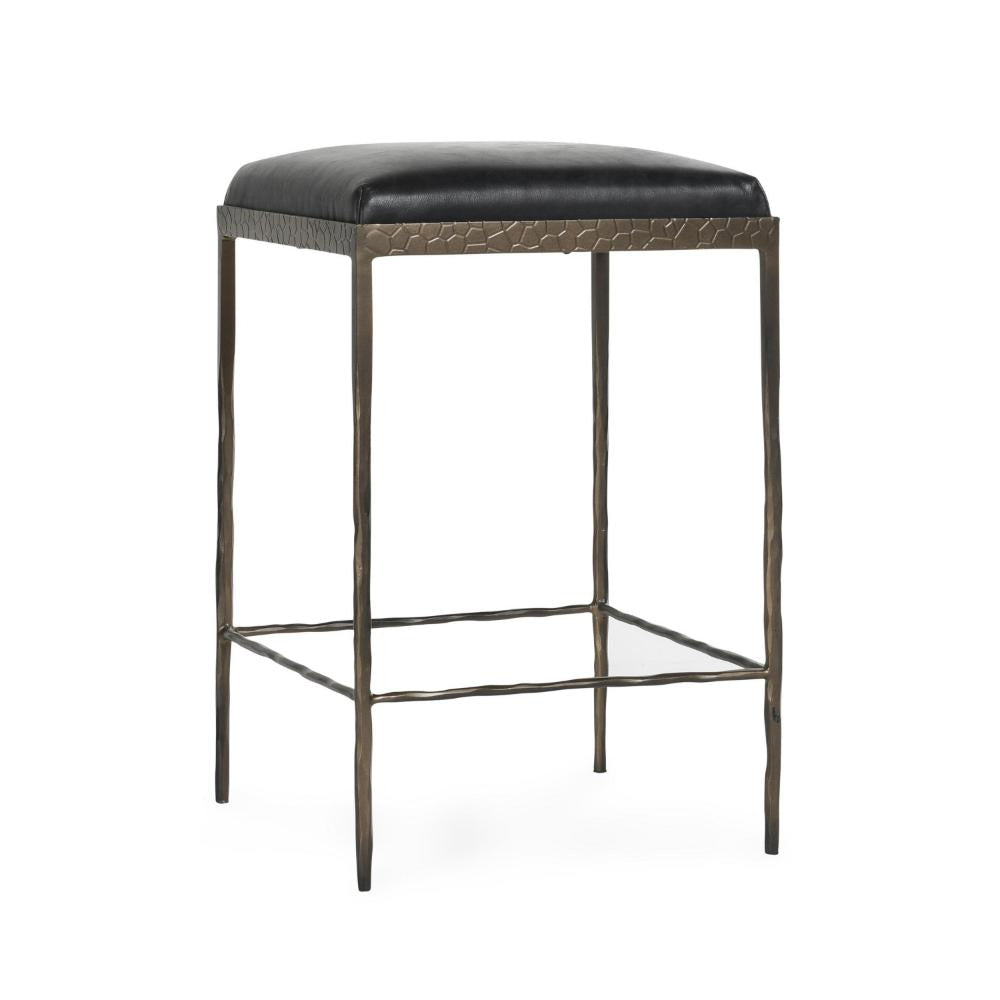 Ocea Counter Stool with Black Leather Seat, Embossed Textured Iron