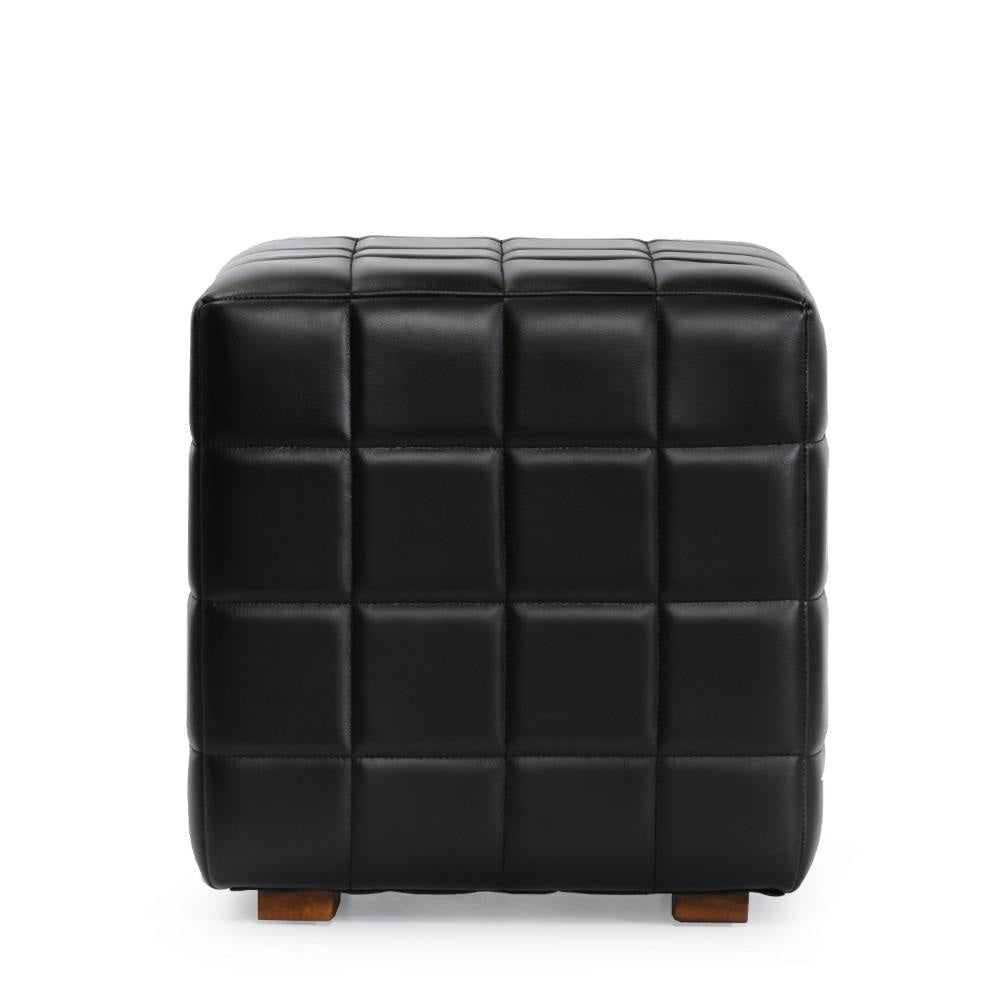 Isar Square Ottoman with Black Tufted Leather Mango Wood 18 Inch BM331904