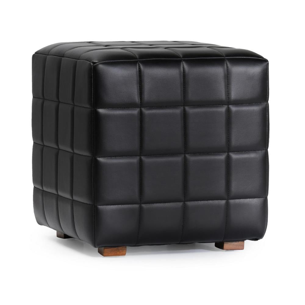 Isar Square Ottoman with Black Tufted Leather, Mango Wood 18 Inch
