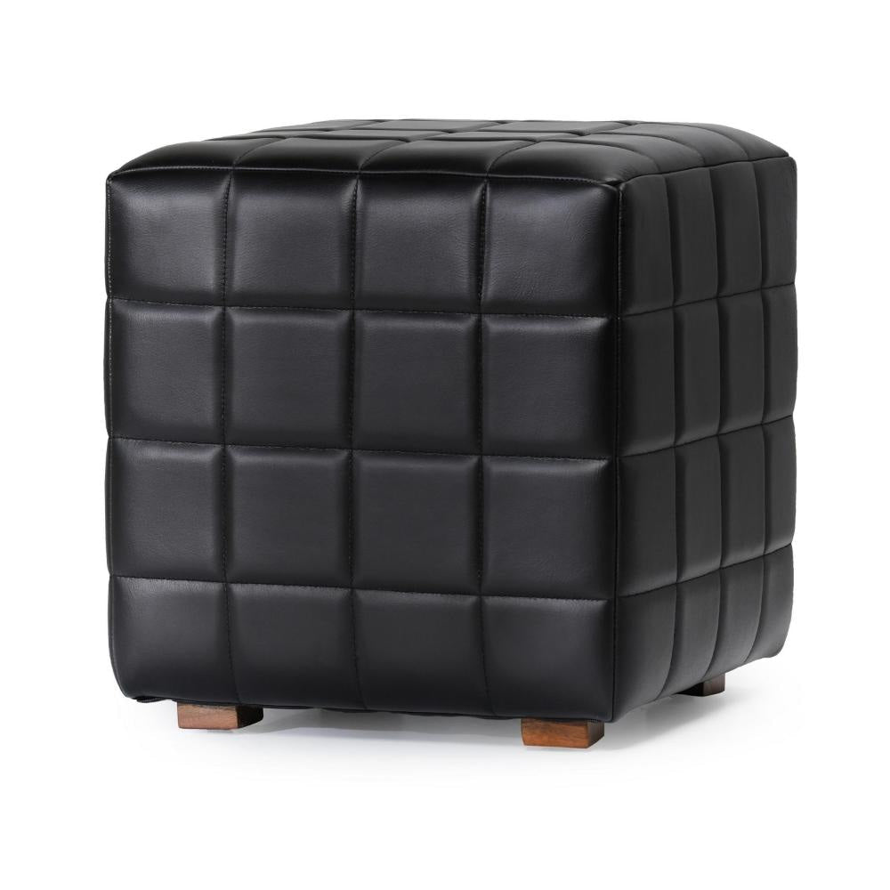 Isar Square Ottoman with Black Tufted Leather Mango Wood 18 Inch BM331904