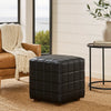 Isar Square Ottoman with Black Tufted Leather, Mango Wood 18 Inch