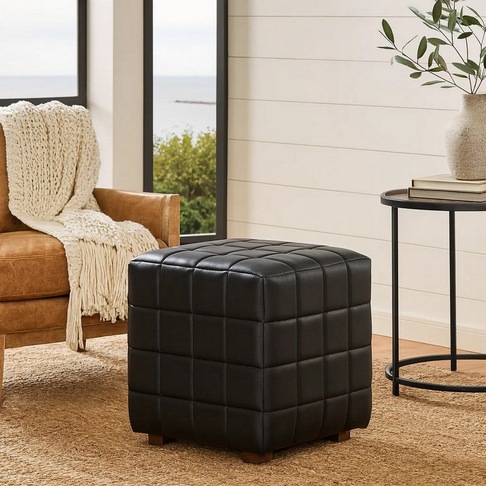 Isar Square Ottoman with Black Tufted Leather, Mango Wood 18 Inch