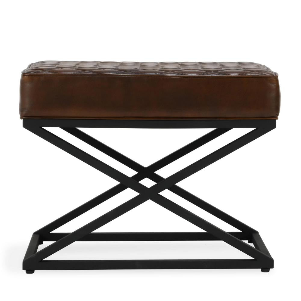 Idra Accent Bench Stool X-Cross Iron Diamond Quilted Brown Leather BM331905
