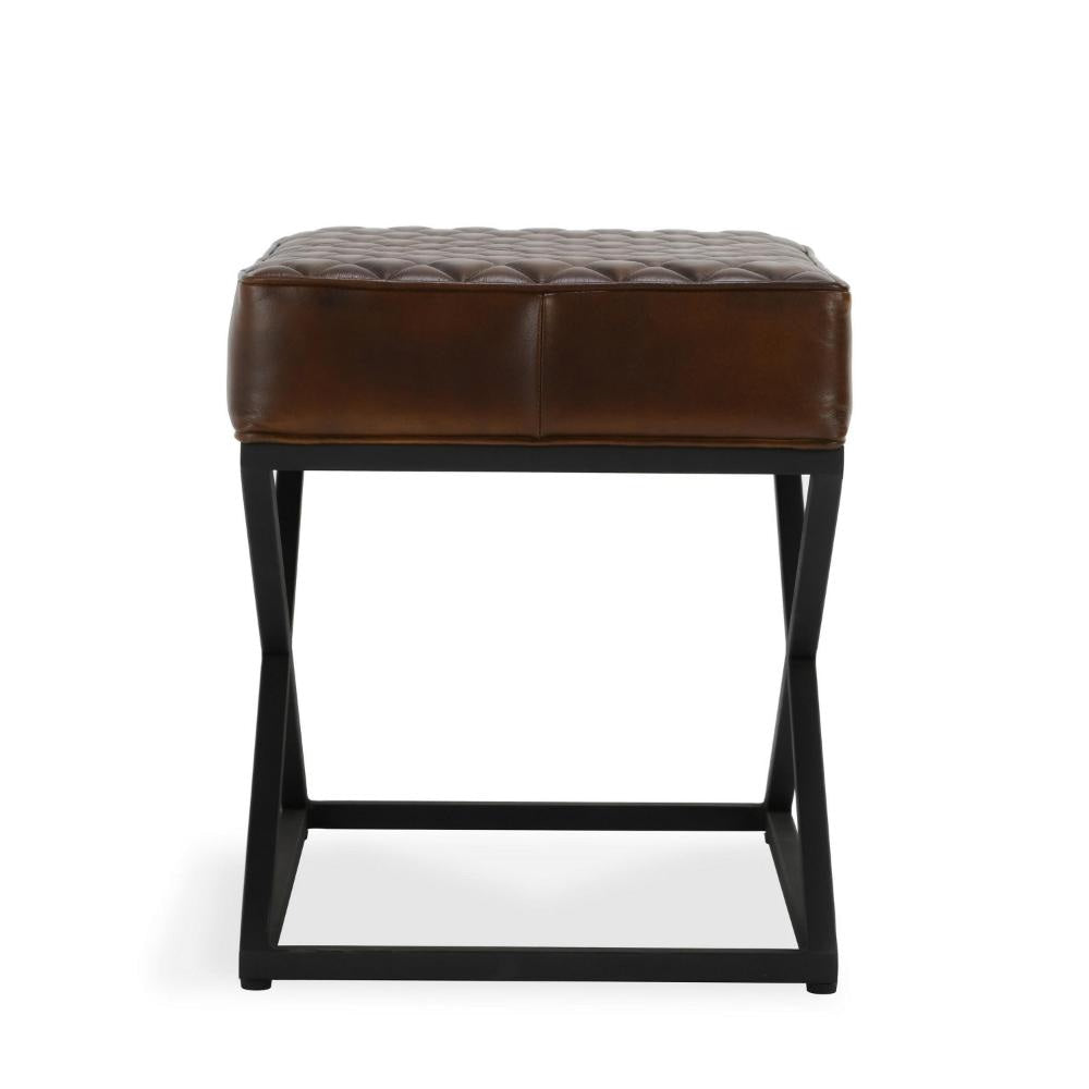 Idra Accent Bench Stool X-Cross Iron Diamond Quilted Brown Leather BM331905