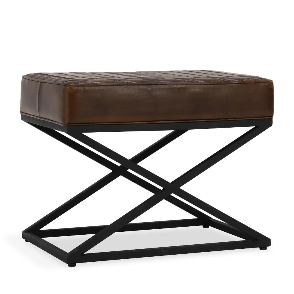 Idra Accent Bench Stool, X-Cross Iron, Diamond Quilted Brown Leather