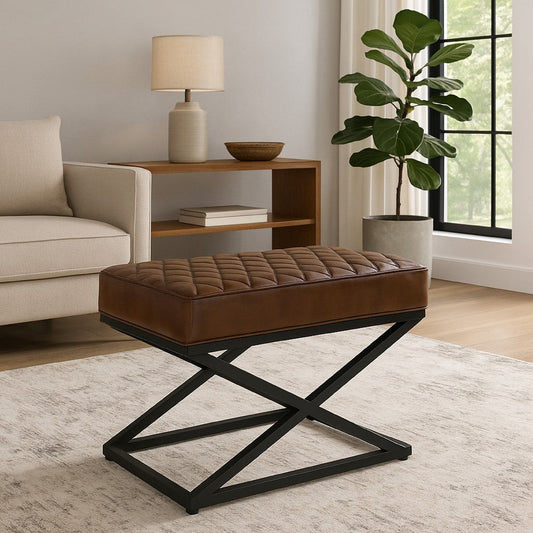 Idra Accent Bench Stool, X-Cross Iron, Diamond Quilted Brown Leather