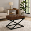 Idra Accent Bench Stool, X-Cross Iron, Diamond Quilted Brown Leather