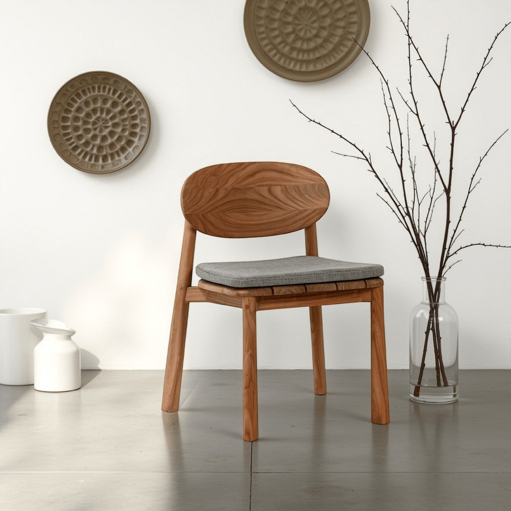 Loir Outdoor Dining Chair with Gray Fabric Seat, Natural Teak Wood