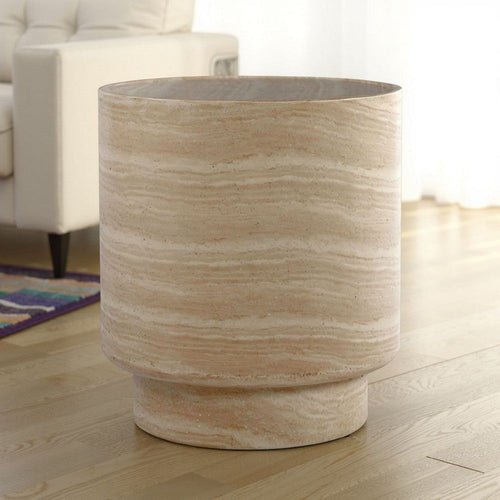 Kiva Outdoor End Table with Plinth Style Base, Beige Concrete 18 Inch