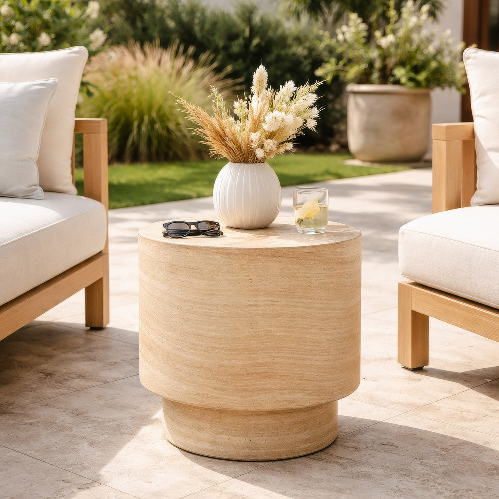 Kiva Outdoor End Table with Plinth Style Base, Beige Concrete 18 Inch
