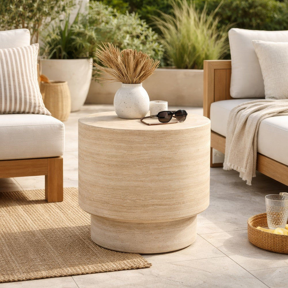 Kiva Outdoor End Table with Plinth Style Base, Beige Concrete 18 Inch