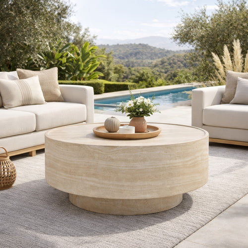 Kiva Outdoor Coffee Table, Plinth Style Base, Beige Concrete 31 Inch